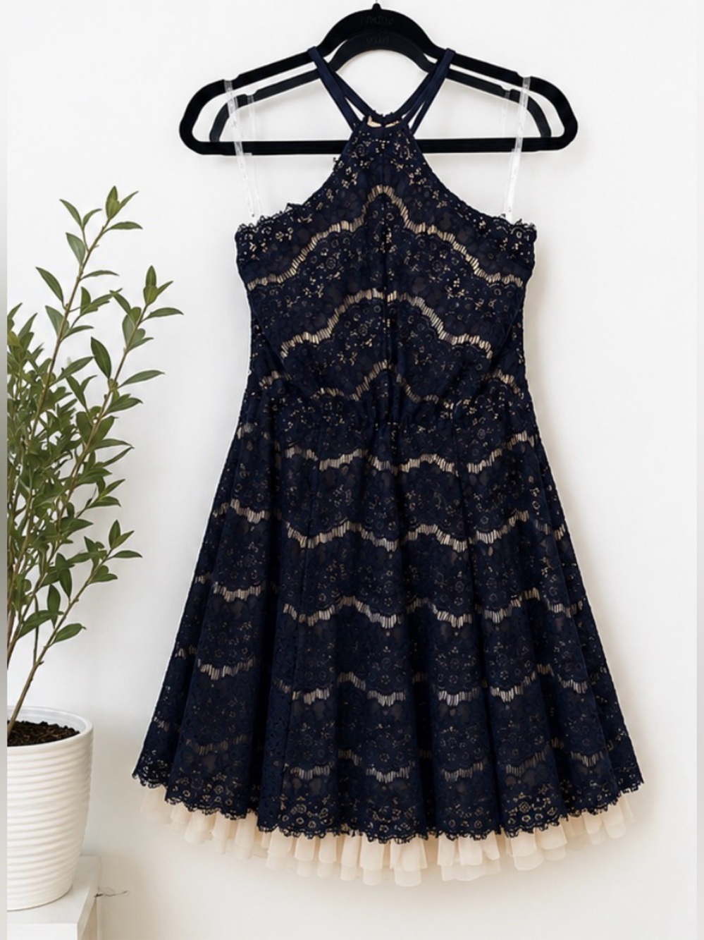 Trixxi black Lace Halter Mini Dress with Cream Tulle